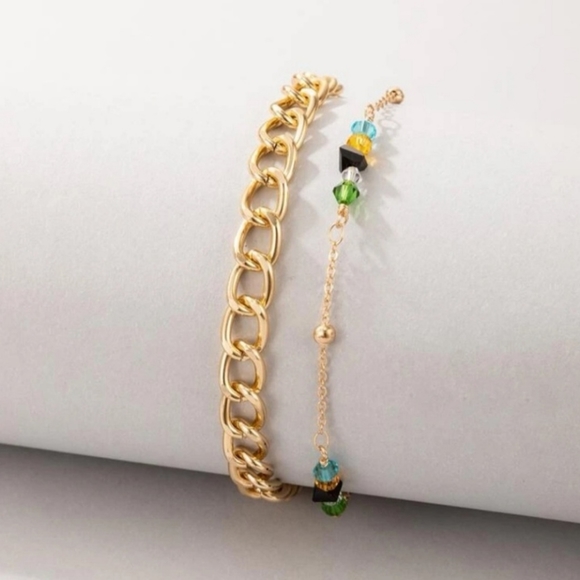 2 Piece Gold Stacking Ankle Bracelet Set- 1 Gold Chunky Anklet & 1 Beaded Anklet - Picture 2 of 3